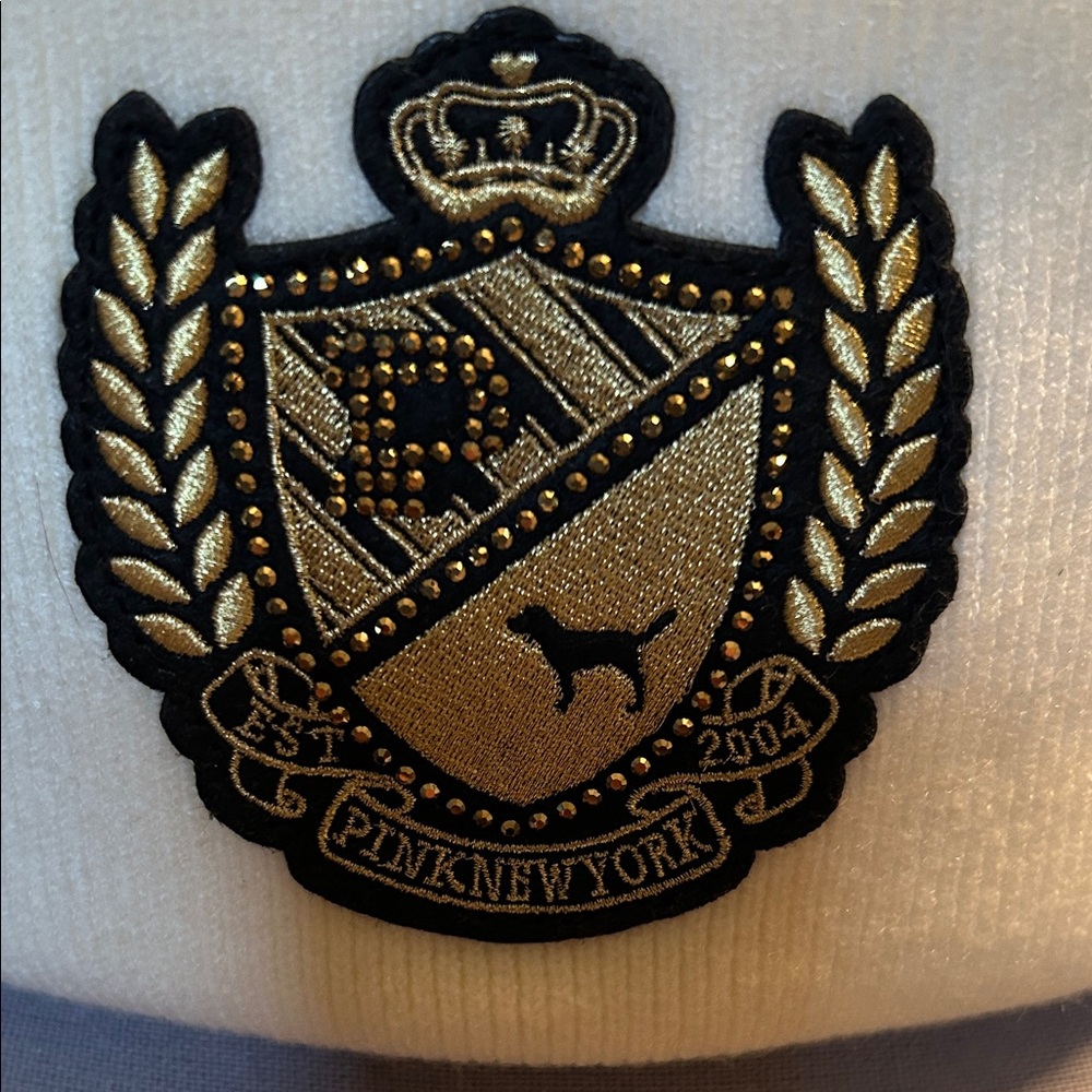 PINK Victoria's Secret White Beanie with Gold Emblem - Picture 2 of 8